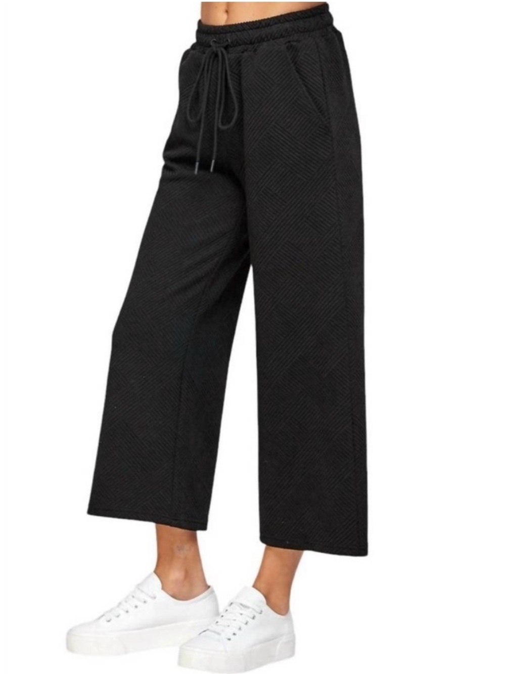 Wide-Leg Black Knit Drawstring Pants